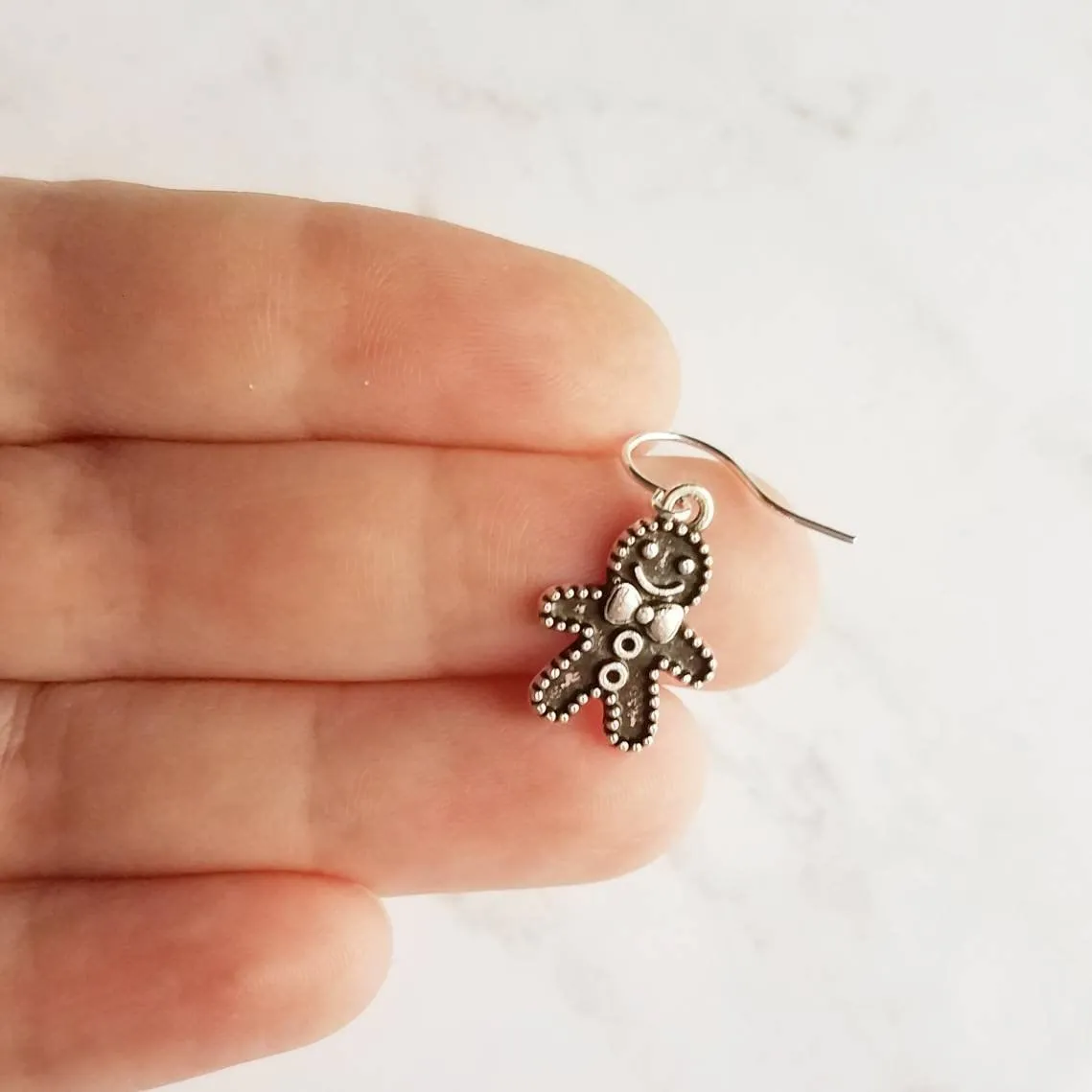 Gingerbread Men Earrings, silver Christmas earring, cookie earring, gingerbread earring, antique silver Xmas earring, bow tie gingerbread