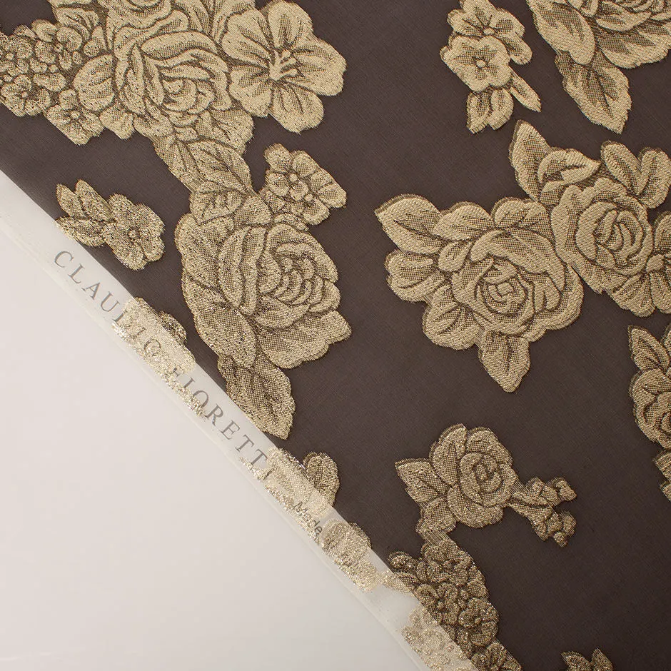 Gold Floral Metallic Brown Silk Chiffon Jacquard