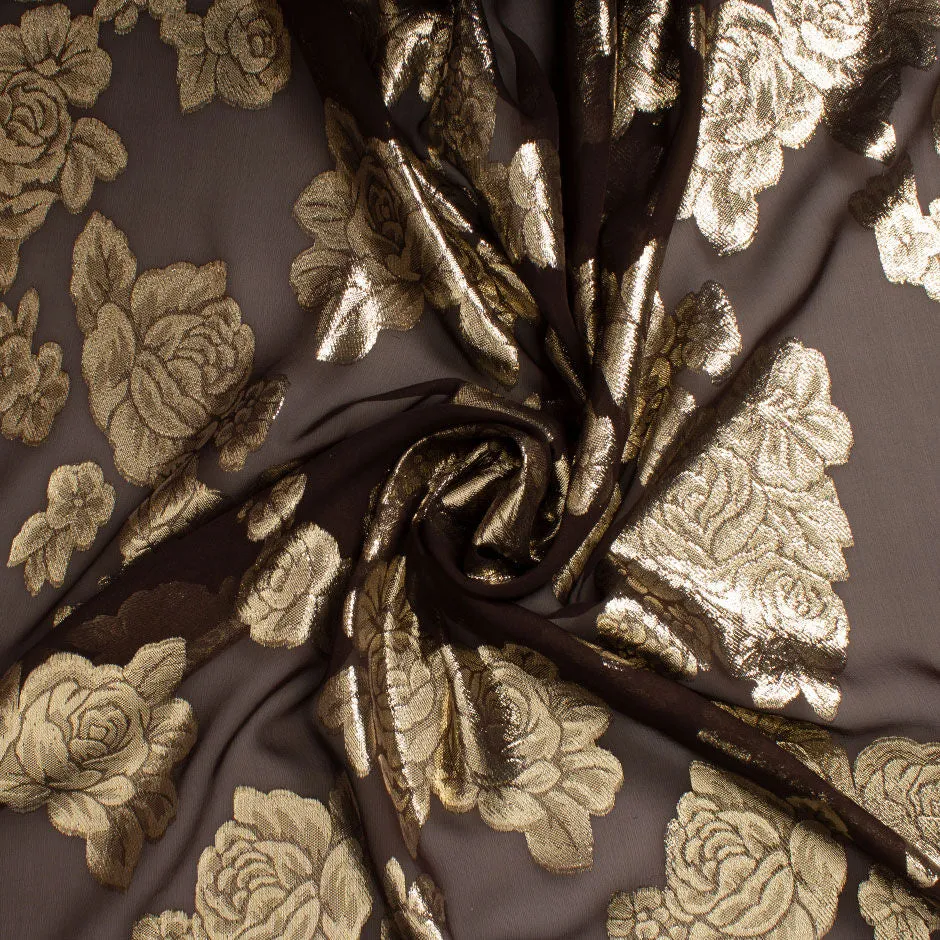 Gold Floral Metallic Brown Silk Chiffon Jacquard