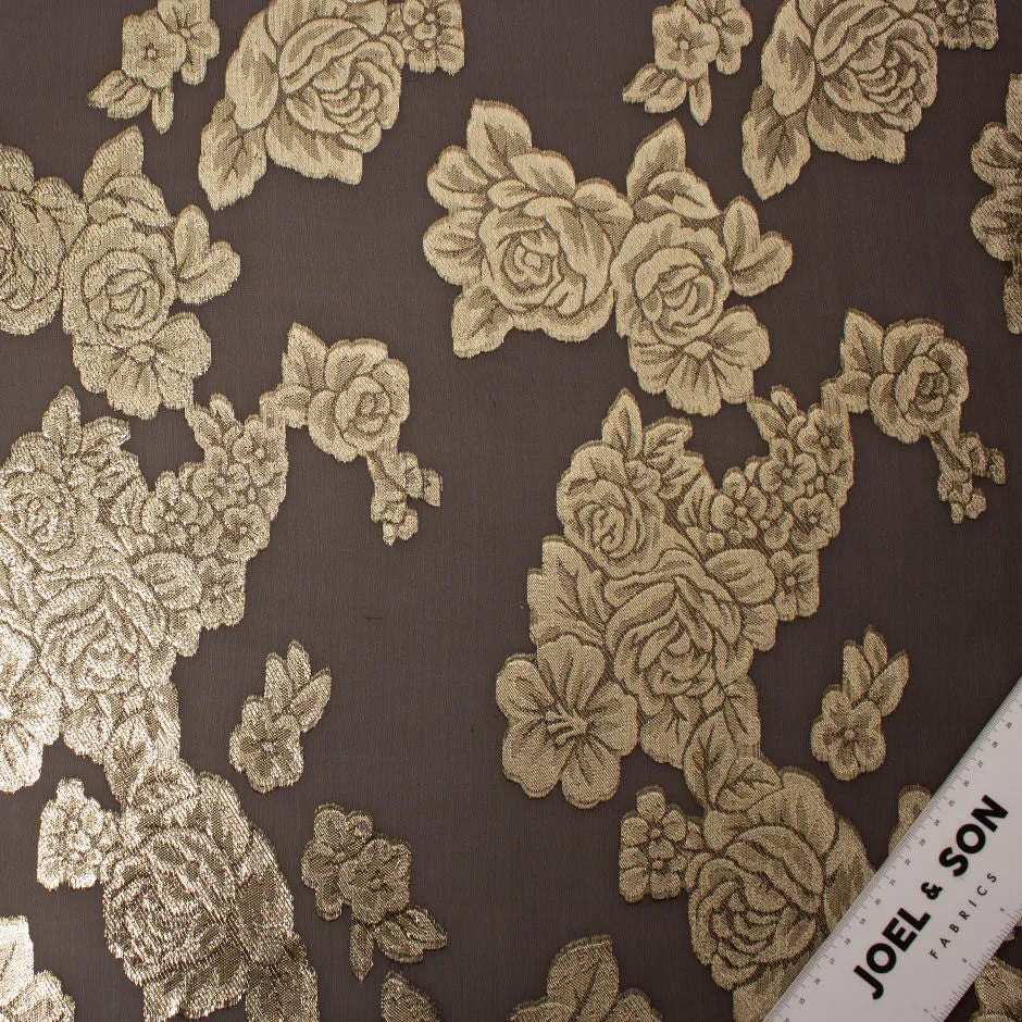 Gold Floral Metallic Brown Silk Chiffon Jacquard