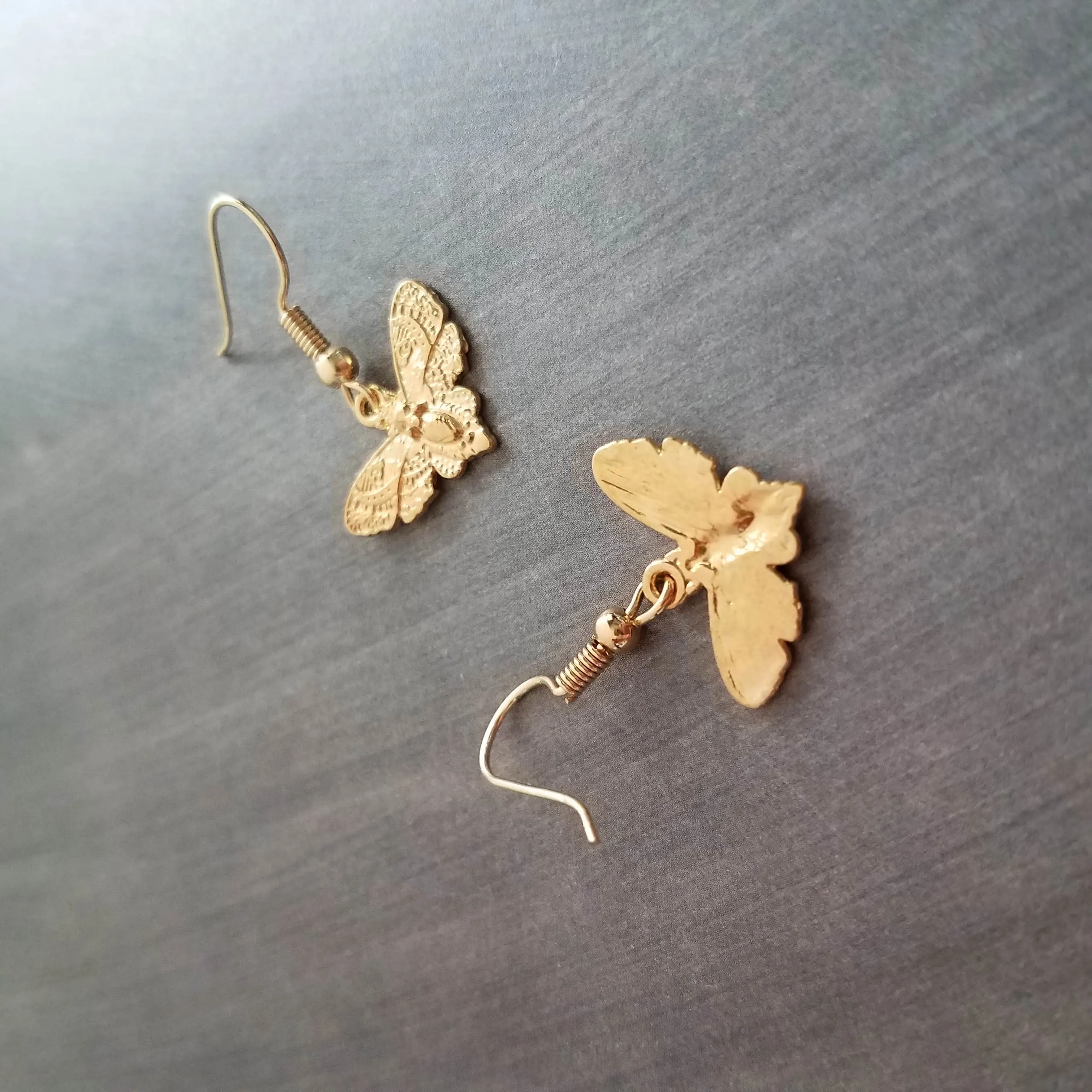 Gold Moth Earrings, insect earrings, moth jewelry, gold insect, bug earrings, transformation earrings, small moth dangles, moth charms
