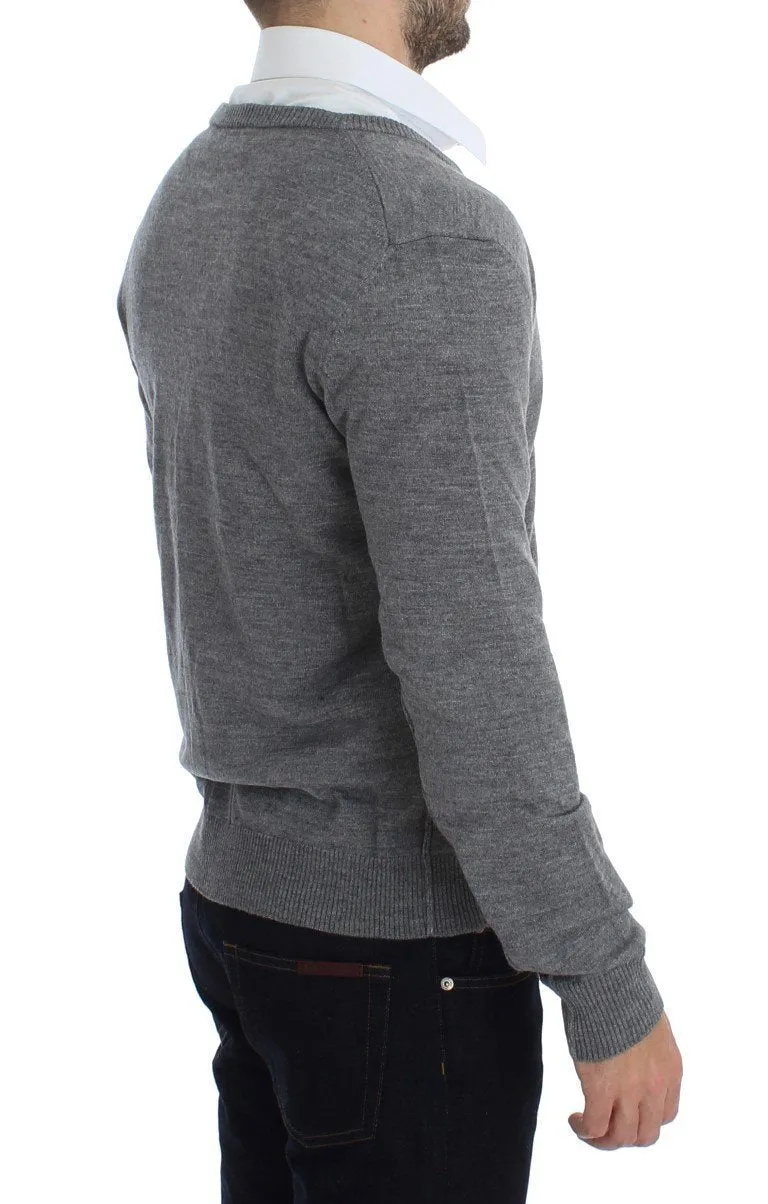 Gray Wool Button Down Logo Cardigan