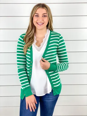 Green and White Striped Snap Button Cardigan