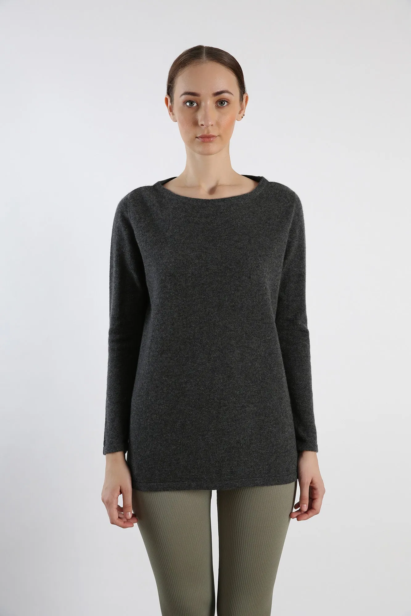 Grey Boat Neck pure Cashmere Sweater