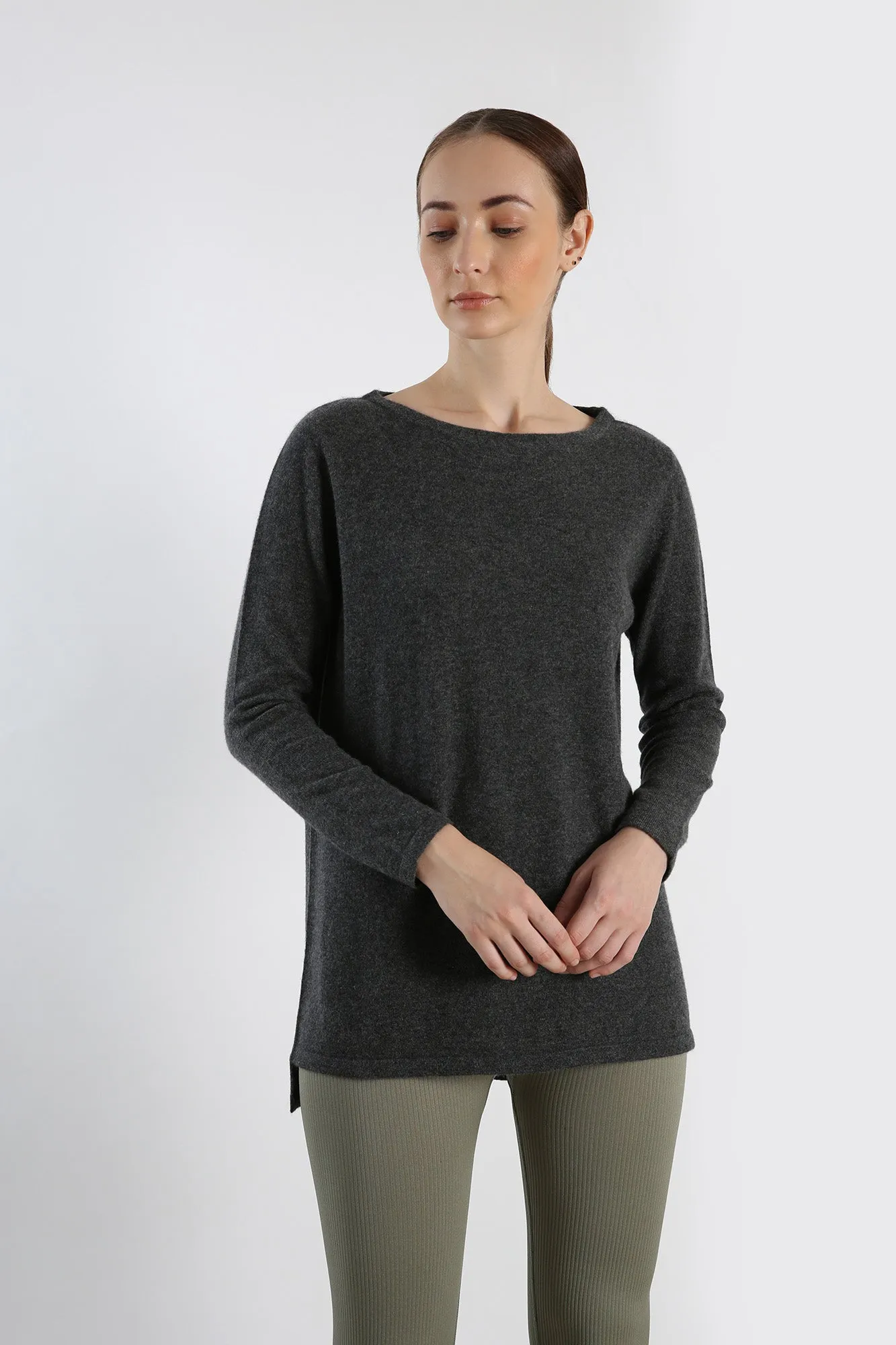 Grey Boat Neck pure Cashmere Sweater