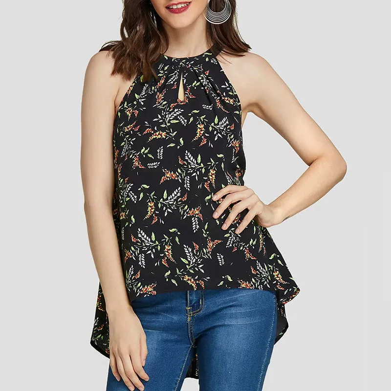 Hanging Neck Pleated Print Top T-shirt
