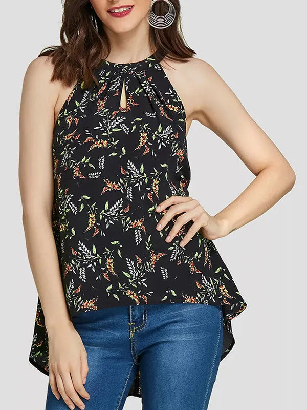 Hanging Neck Pleated Print Top T-shirt