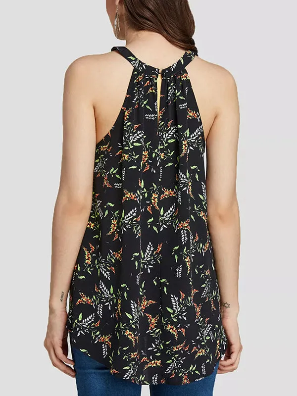 Hanging Neck Pleated Print Top T-shirt