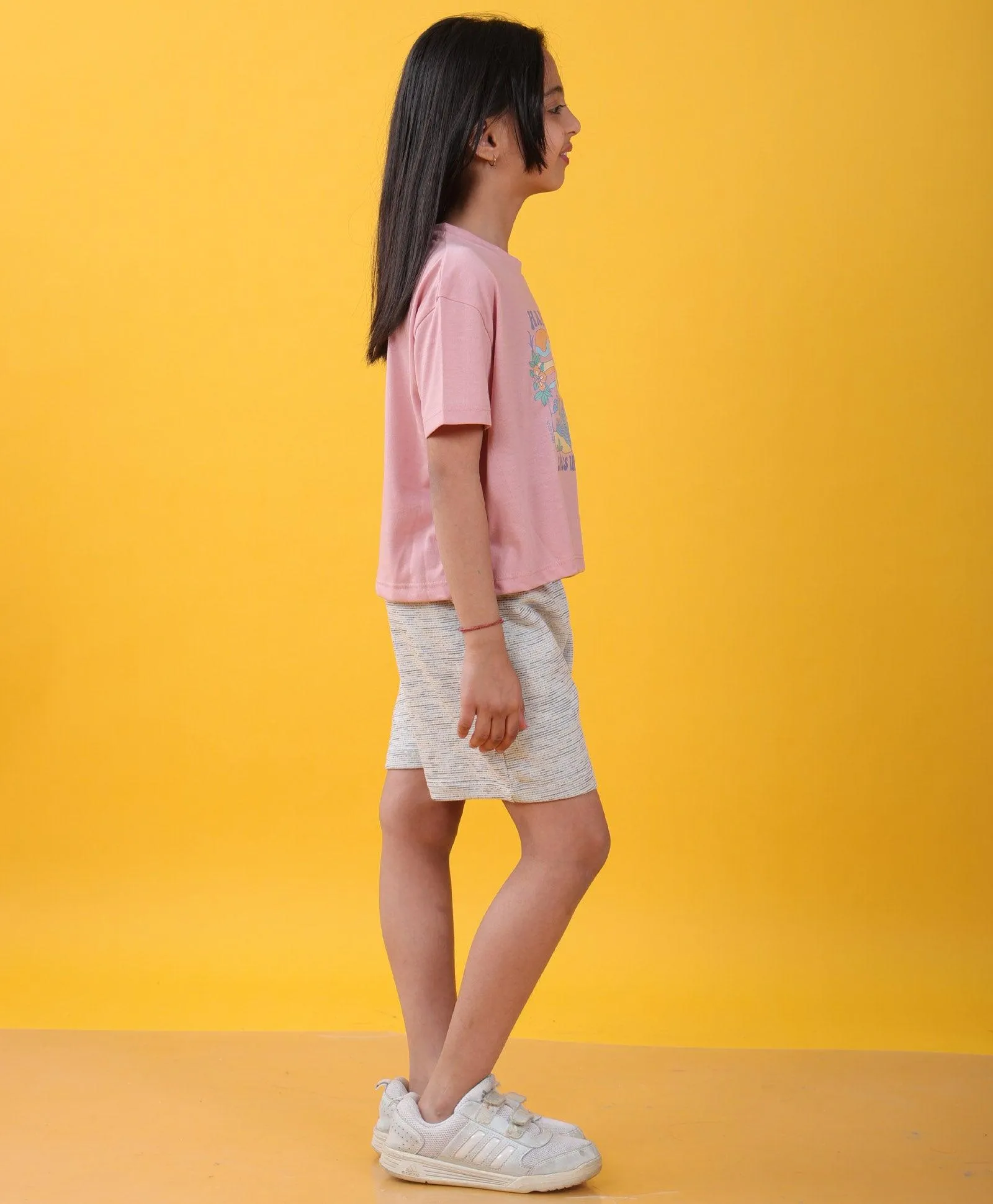 HAPPINESS ROSE PINK WHITE TEXTURED GIRLS SHORTS SET  - PINK/WHITE