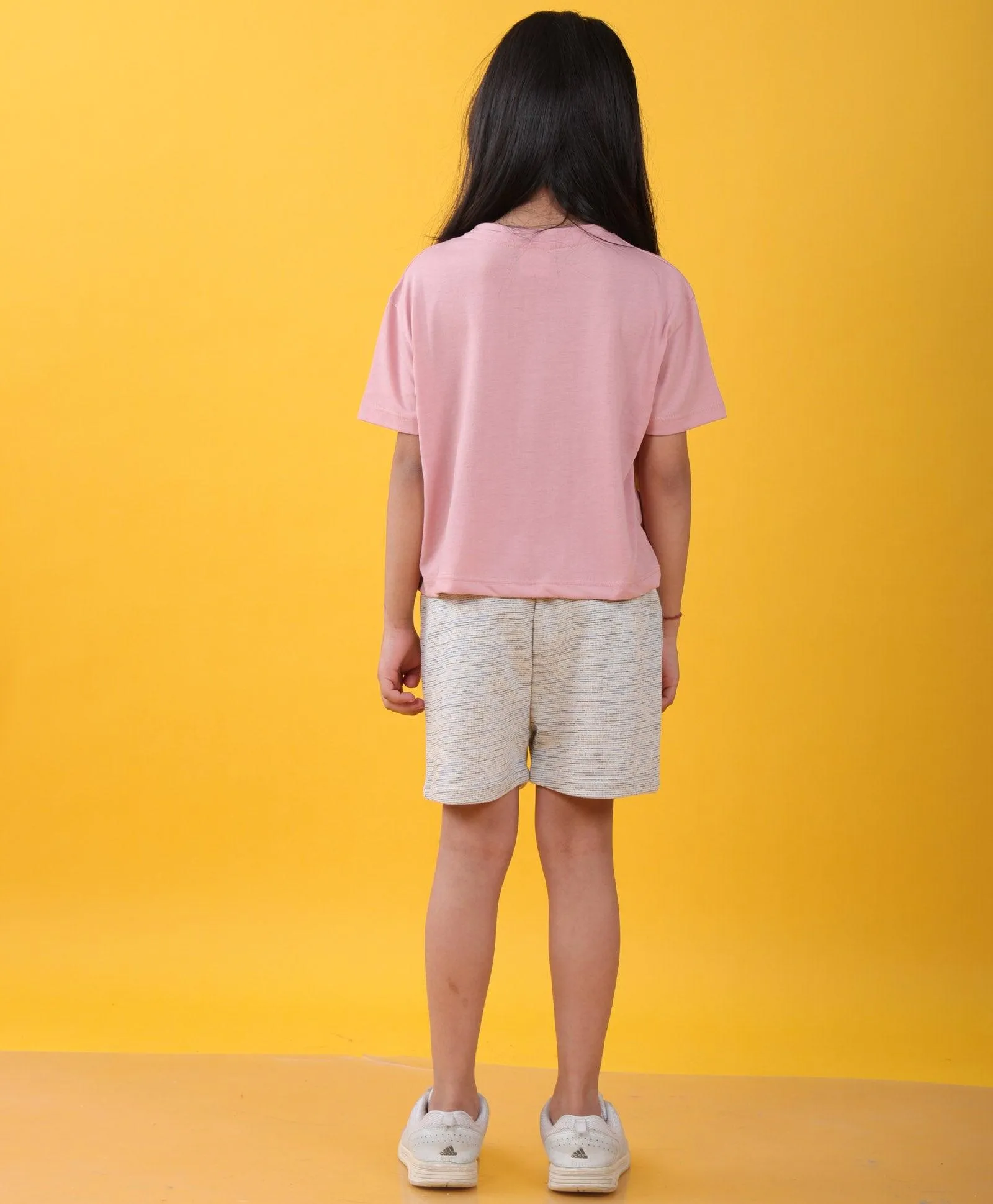 HAPPINESS ROSE PINK WHITE TEXTURED GIRLS SHORTS SET  - PINK/WHITE