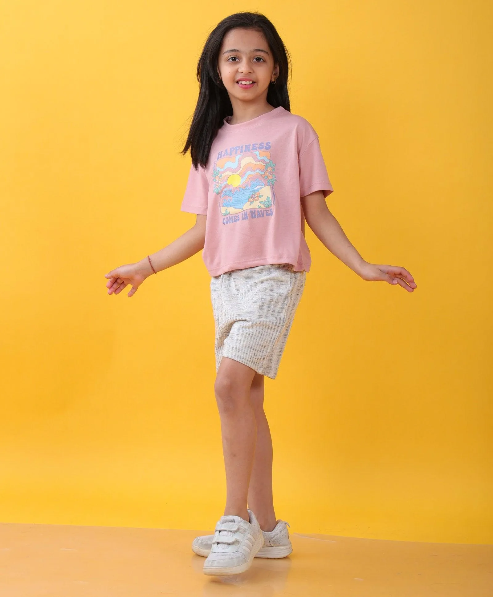 HAPPINESS ROSE PINK WHITE TEXTURED GIRLS SHORTS SET  - PINK/WHITE