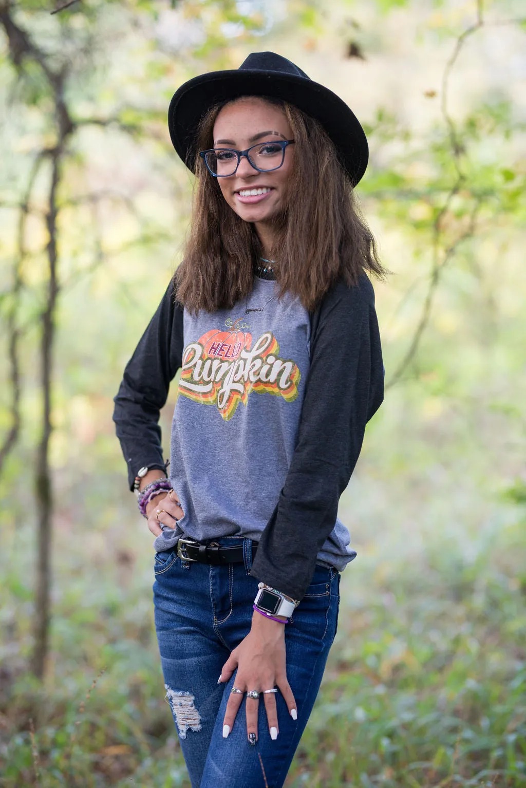 Hello Pumpkin Retro Fall Raglan Shirt/ Boutique Bella Canvas Raglan Tee/ Fall Layering Tee / Teachers Tee Youth and Adult Sizing