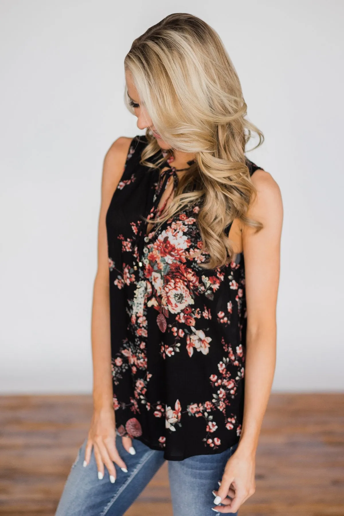 I'll Be There Floral Neck Tie Tank Top- Black