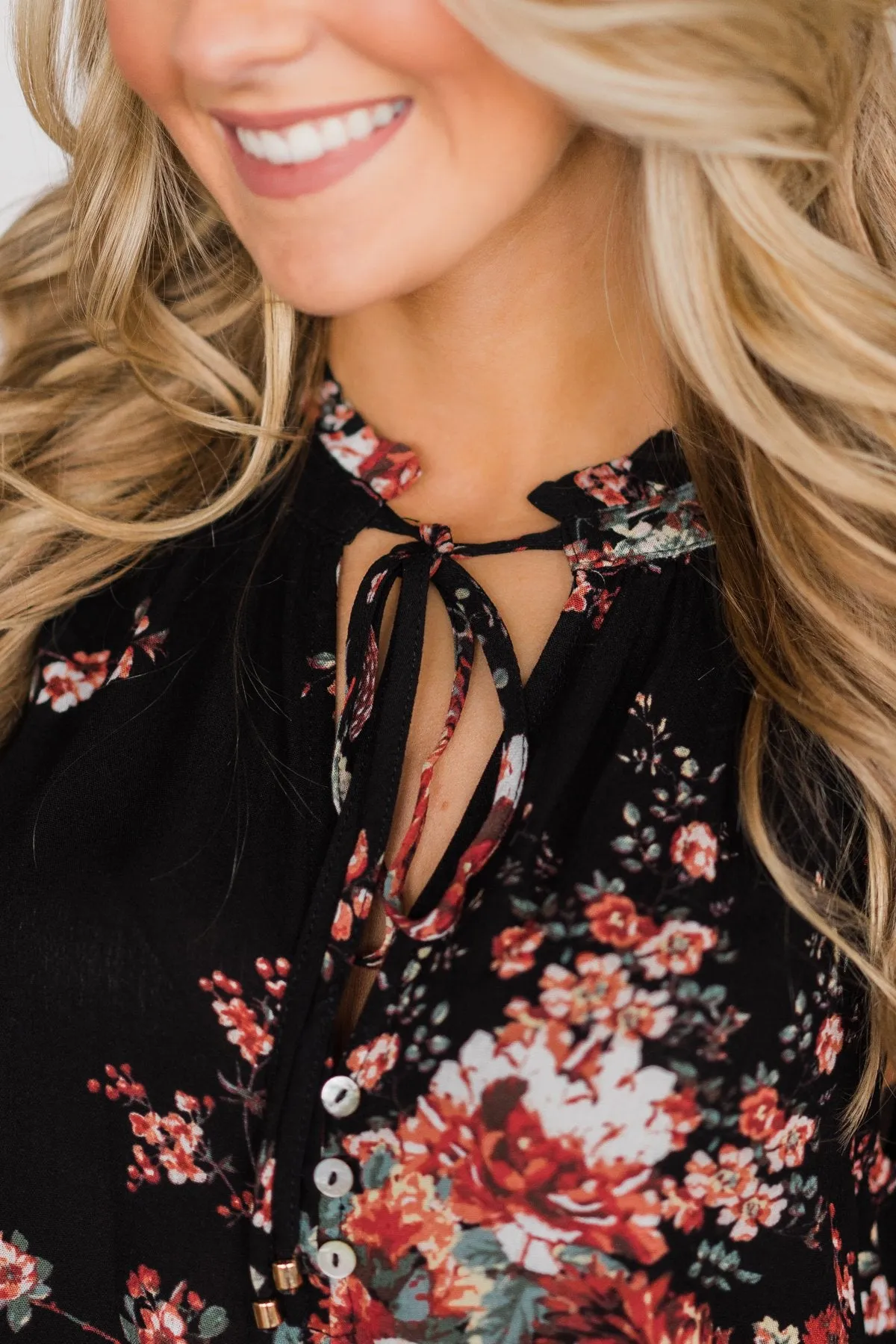 I'll Be There Floral Neck Tie Tank Top- Black