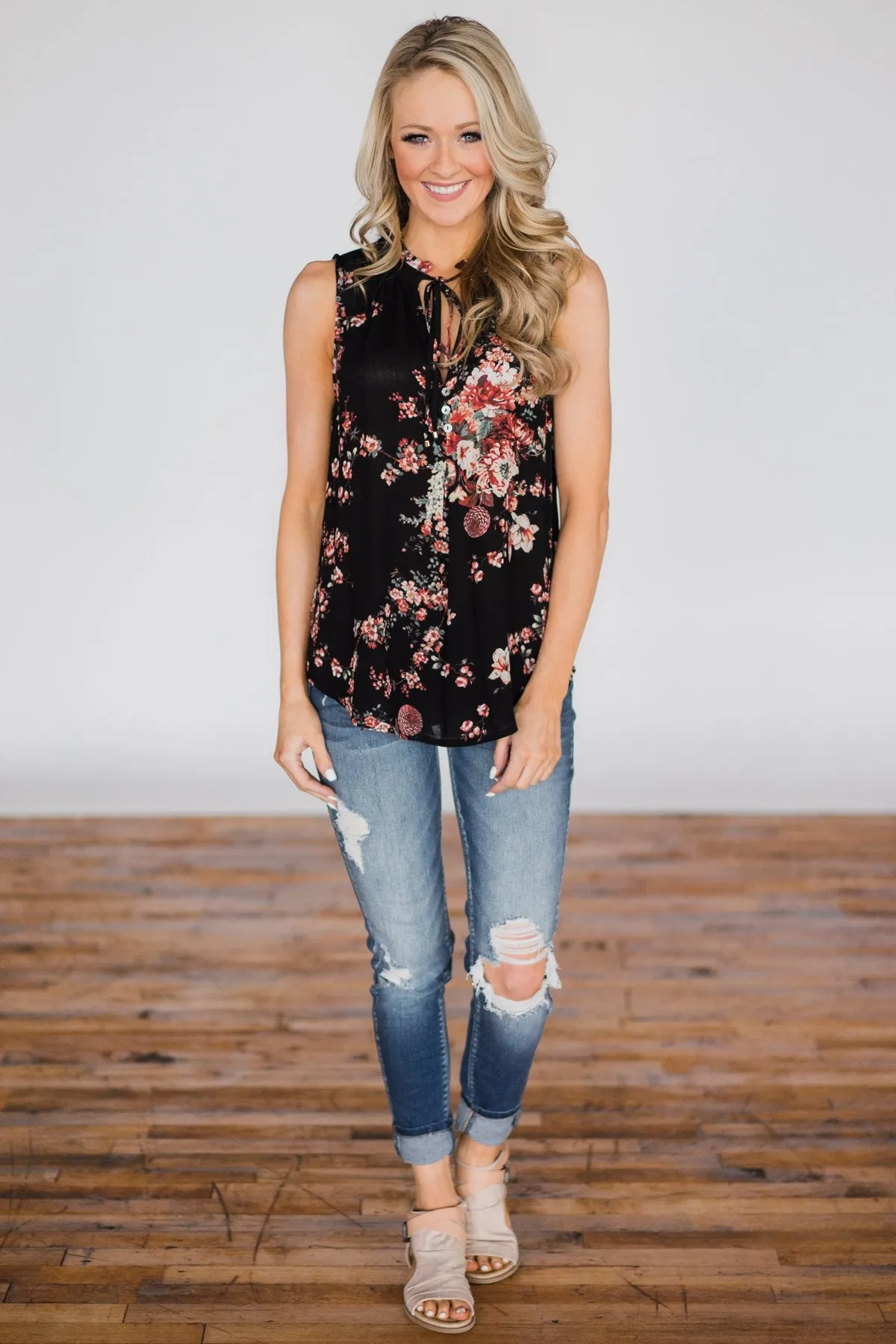 I'll Be There Floral Neck Tie Tank Top- Black
