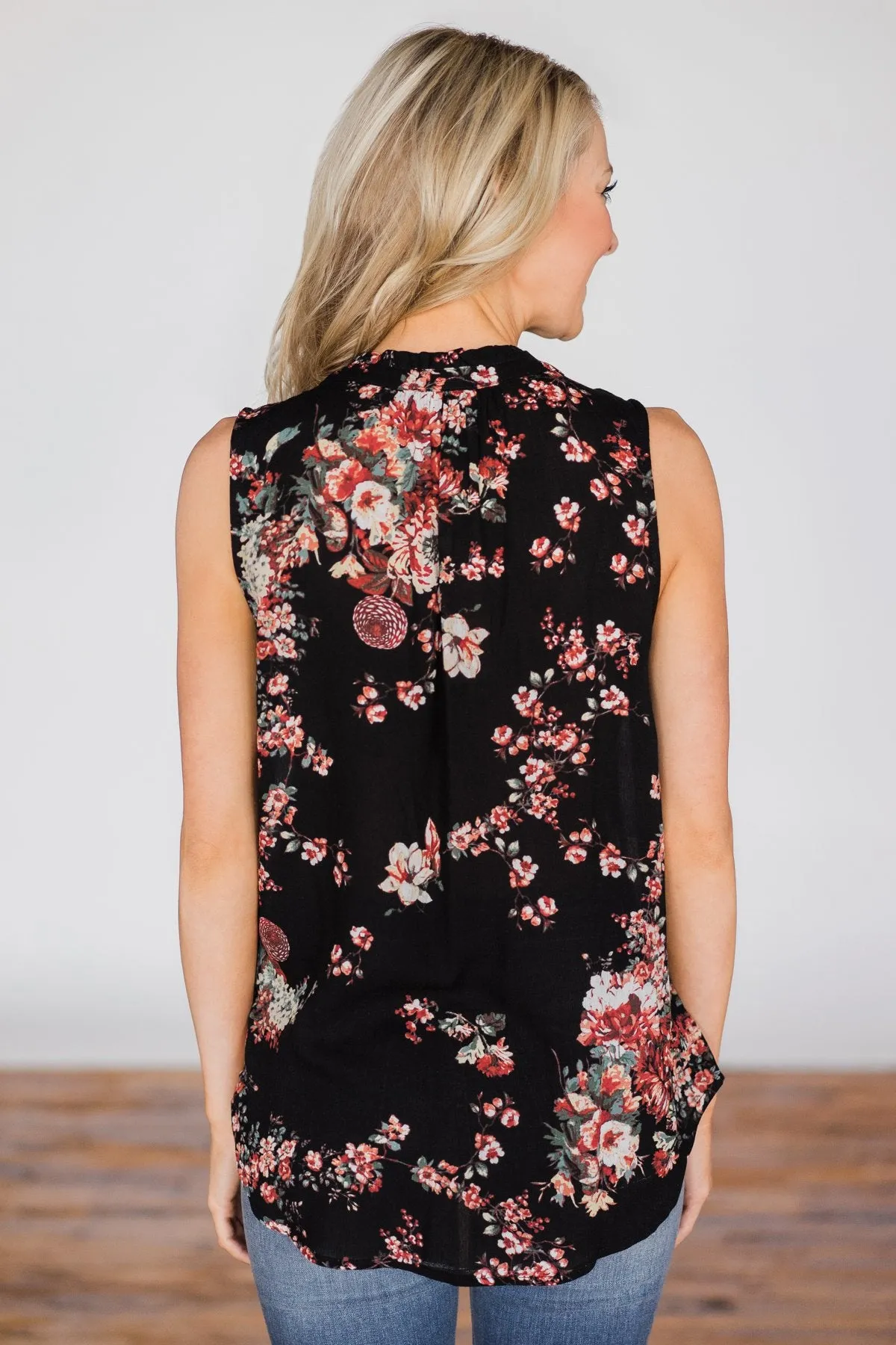 I'll Be There Floral Neck Tie Tank Top- Black