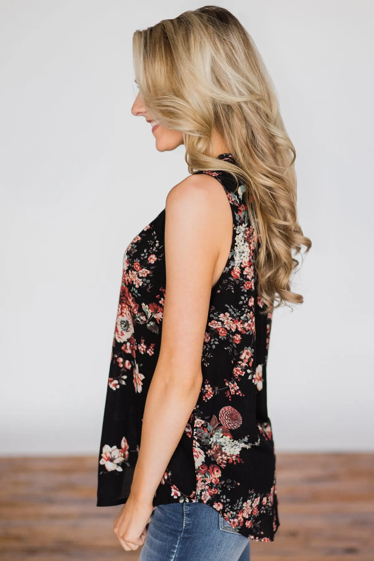 I'll Be There Floral Neck Tie Tank Top- Black
