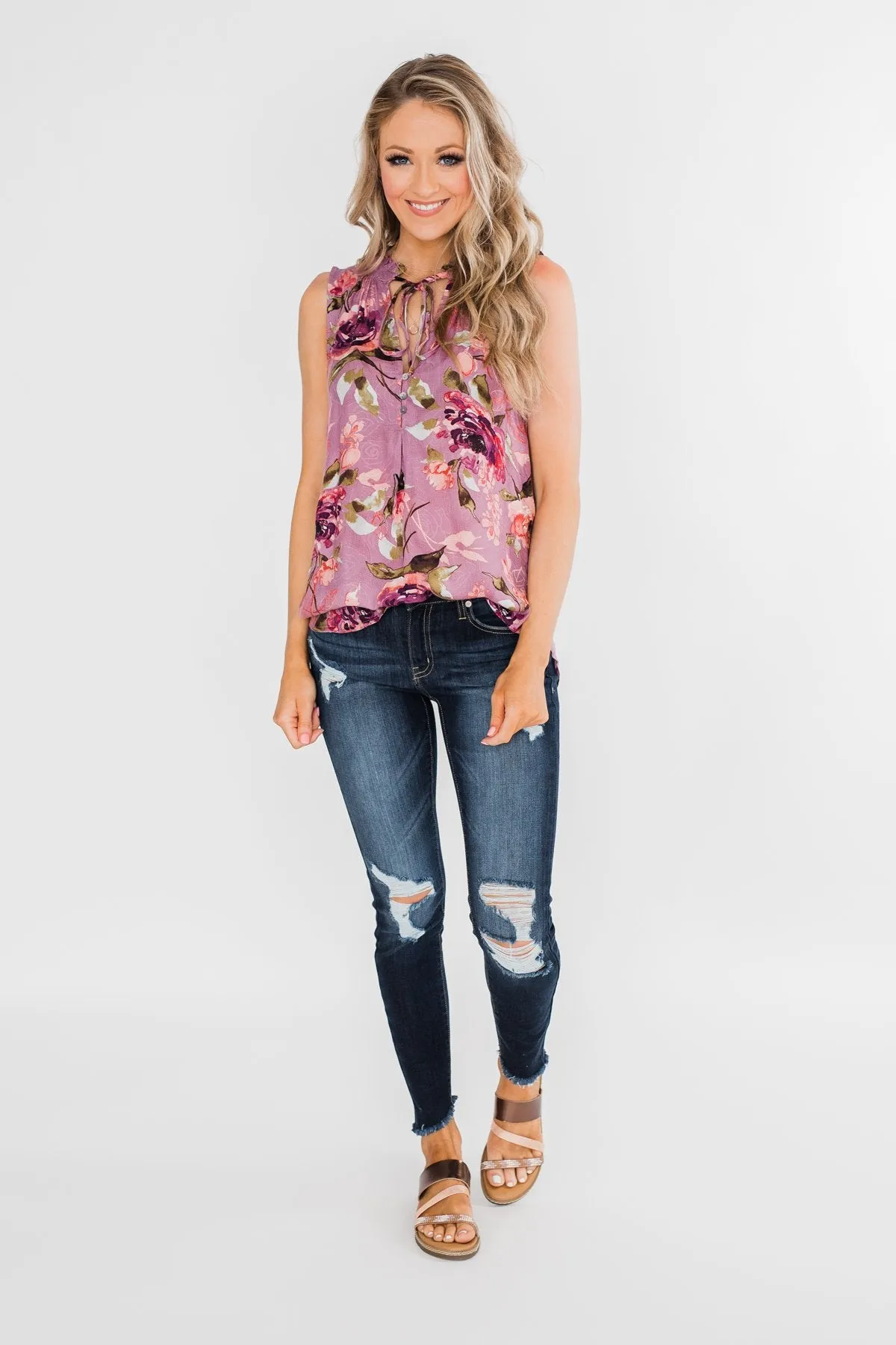 I'll Be There Floral Neck Tie Tank Top- Orchid