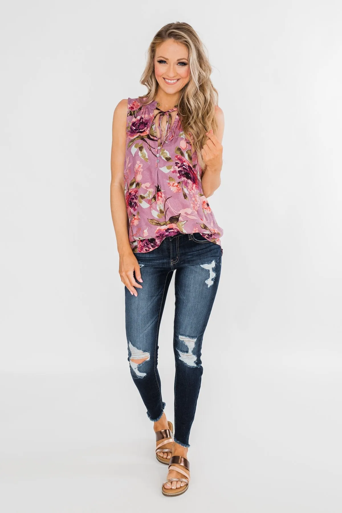 I'll Be There Floral Neck Tie Tank Top- Orchid