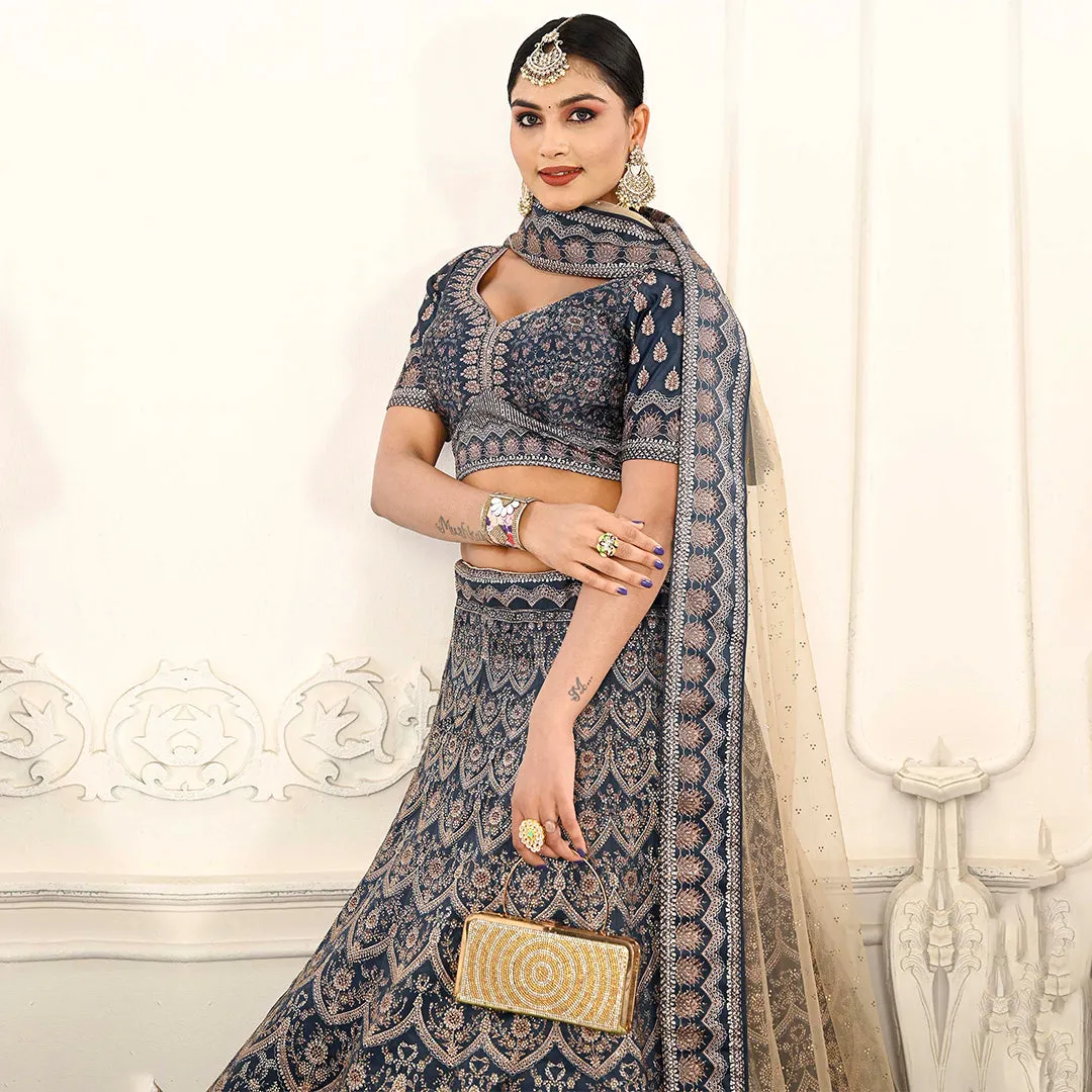 Intense Grey Embellished Lehenga Set with Beige Net Dupatta