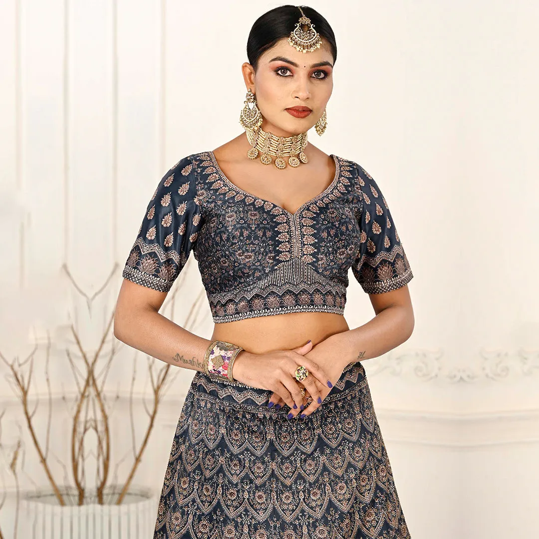 Intense Grey Embellished Lehenga Set with Beige Net Dupatta