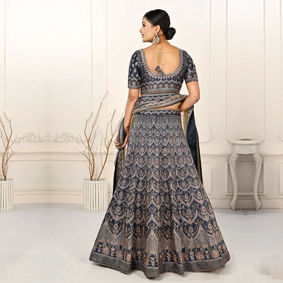 Intense Grey Embellished Lehenga Set with Beige Net Dupatta