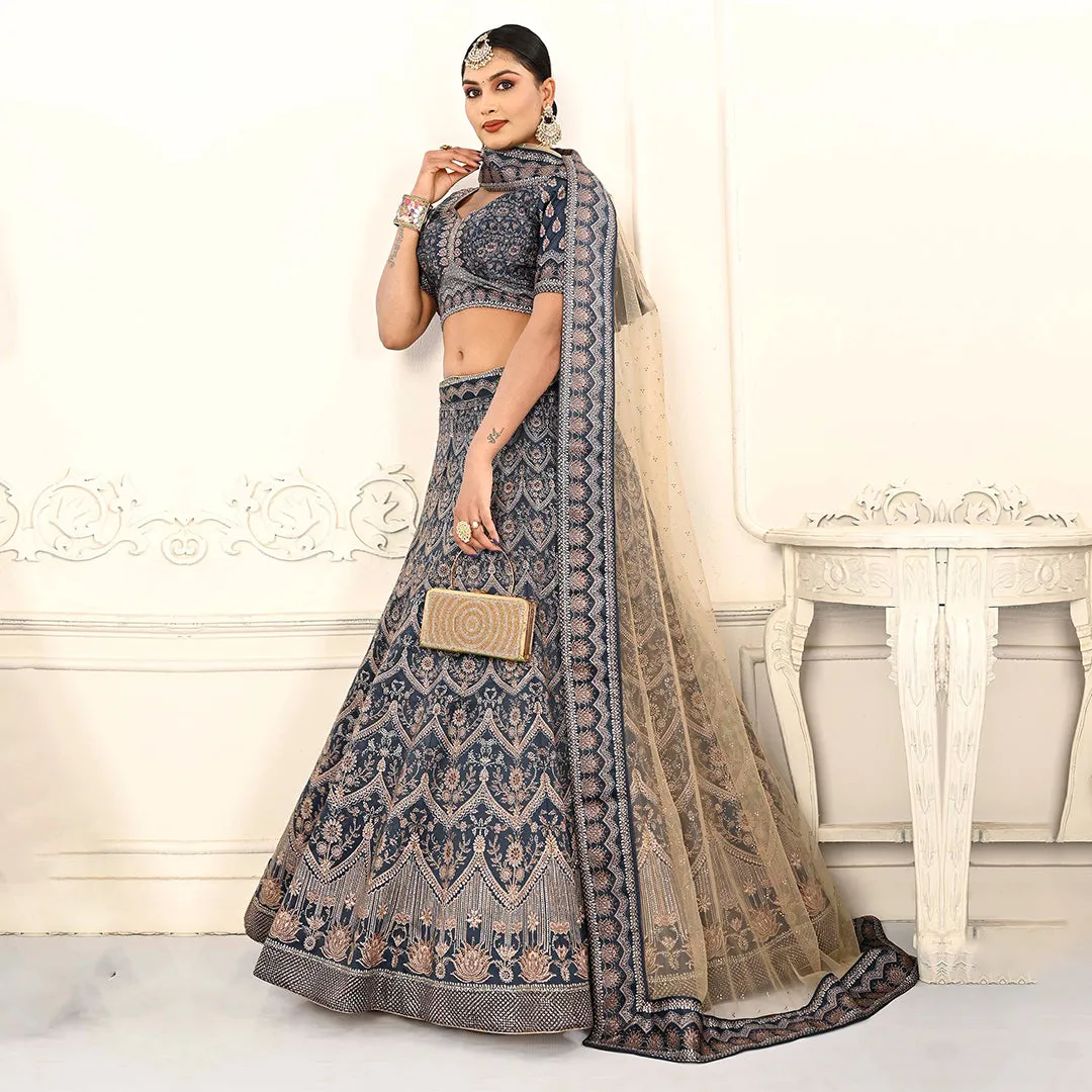 Intense Grey Embellished Lehenga Set with Beige Net Dupatta
