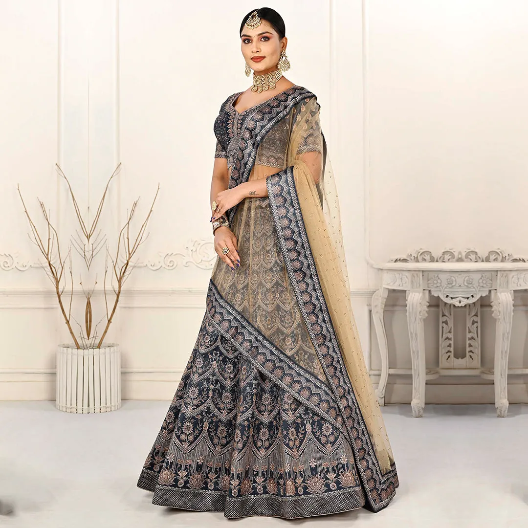 Intense Grey Embellished Lehenga Set with Beige Net Dupatta
