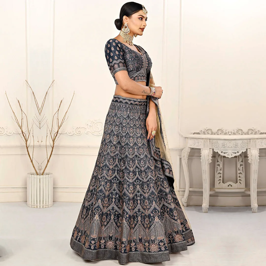 Intense Grey Embellished Lehenga Set with Beige Net Dupatta