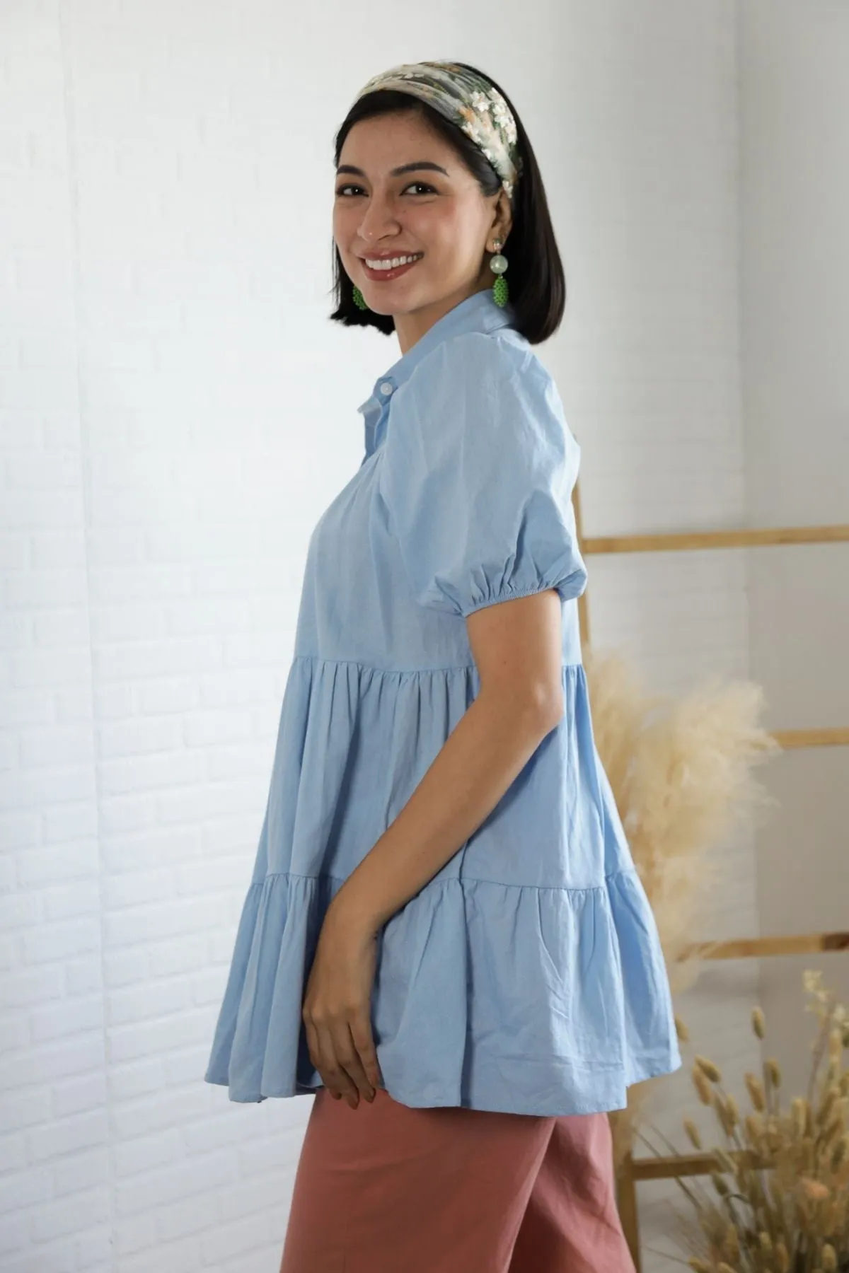 JULES Button-down Tiered Mini Dress (Powder Blue)