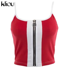 Kliou 2018 New Fashion Red White Patchwork Zipper Fly Women Crop Tops Cotton Casual Knitted Tank tops Camis Slim Camisole