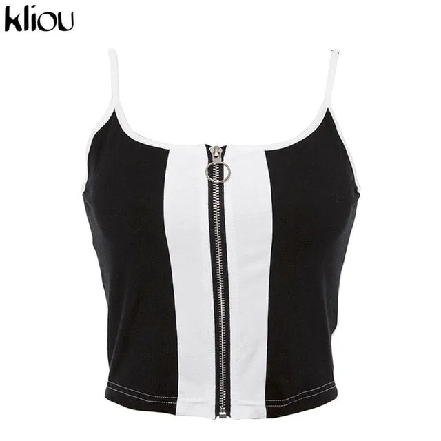 Kliou 2018 New Fashion Red White Patchwork Zipper Fly Women Crop Tops Cotton Casual Knitted Tank tops Camis Slim Camisole