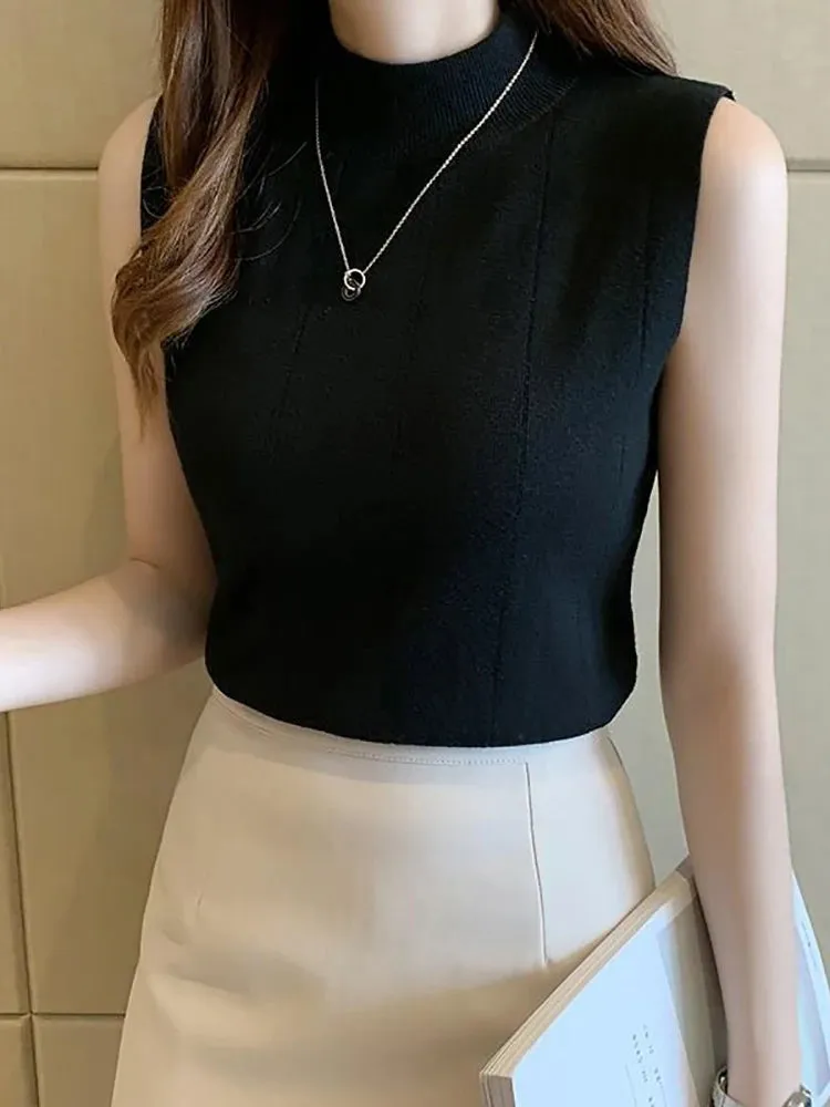 Knitted Tank Tops Thin Basic Casual O-Neck Tops Sleeveless Tees For Women