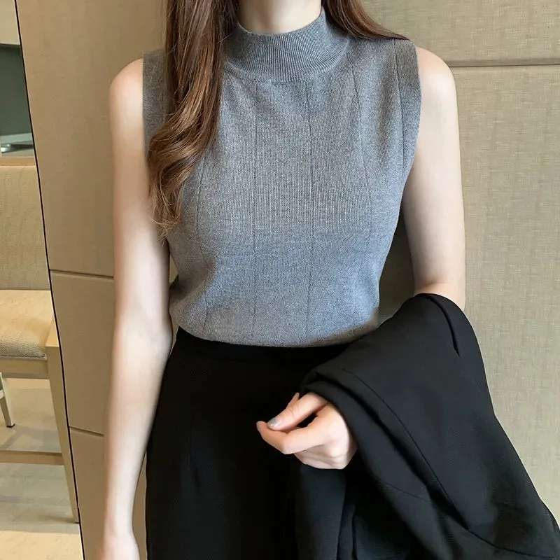 Knitted Tank Tops Thin Basic Casual O-Neck Tops Sleeveless Tees For Women