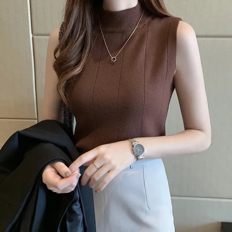 Knitted Tank Tops Thin Basic Casual O-Neck Tops Sleeveless Tees For Women