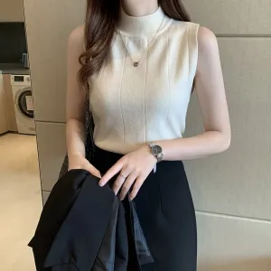 Knitted Tank Tops Thin Basic Casual O-Neck Tops Sleeveless Tees For Women