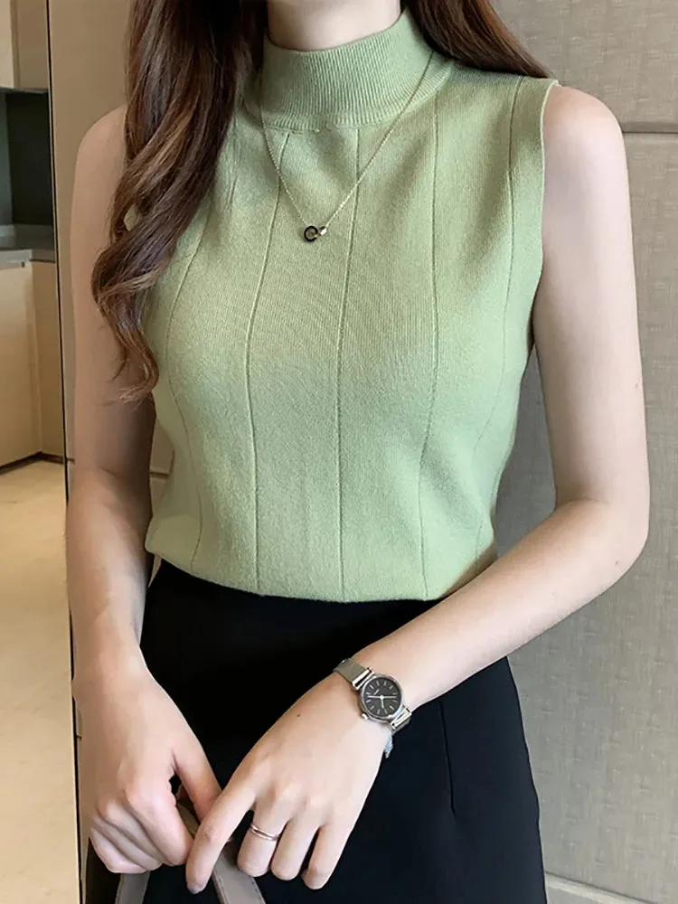 Knitted Tank Tops Thin Basic Casual O-Neck Tops Sleeveless Tees For Women