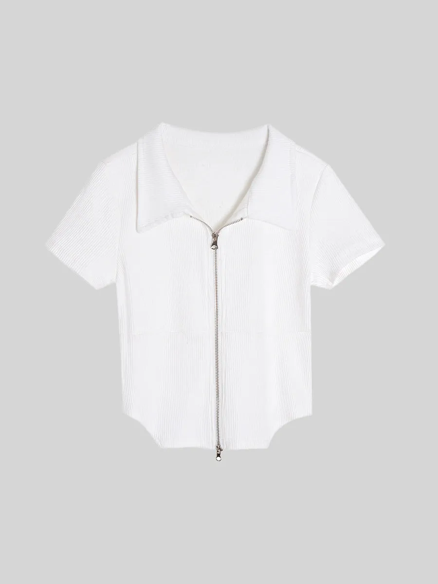 Kpop Short Sleeve Double Zipper Solid Color Top