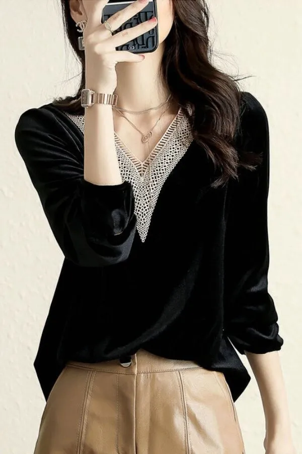 Lace V Neck Velvet Blouse
