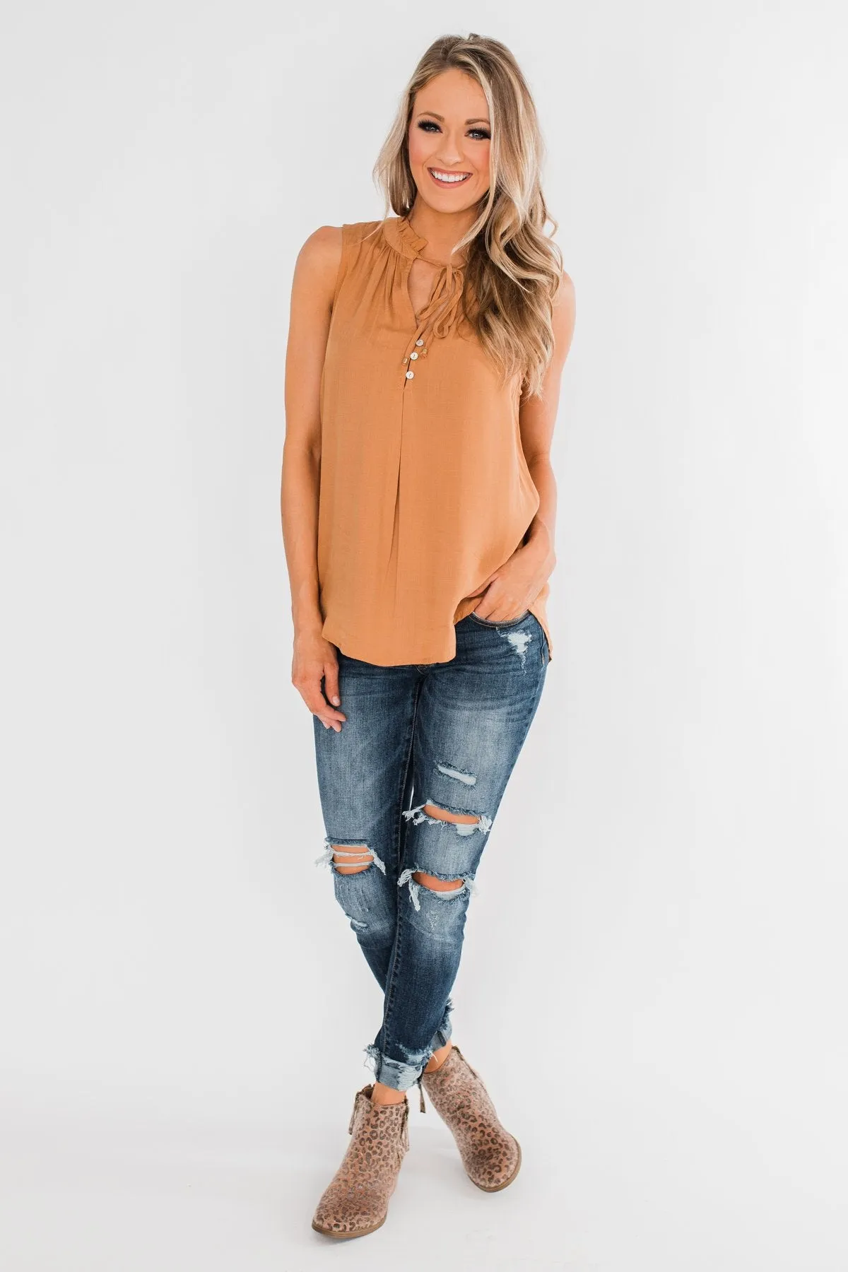 Larger Than Life Neck Tie Tank Top- Burnt Mustard