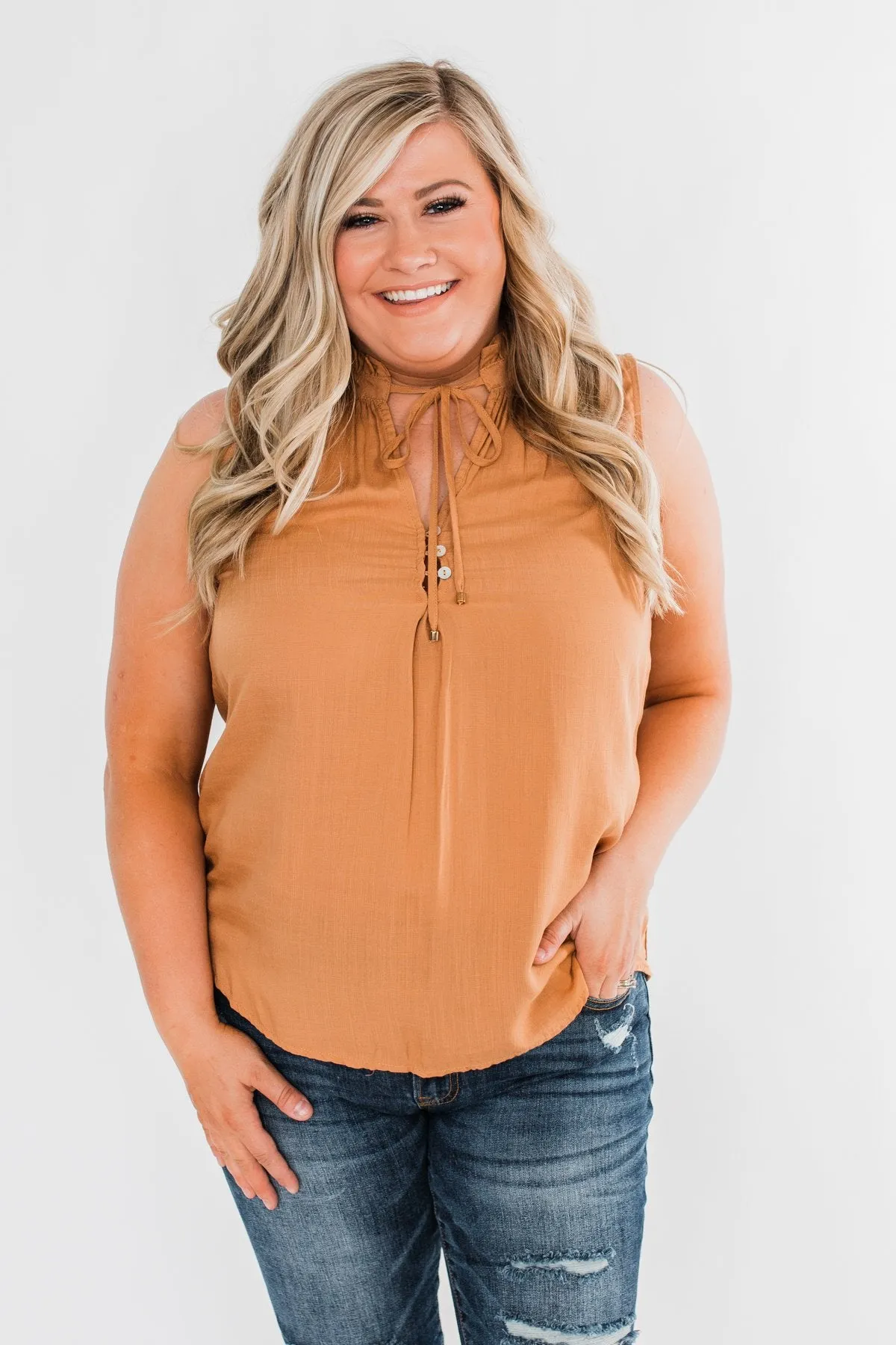 Larger Than Life Neck Tie Tank Top- Burnt Mustard