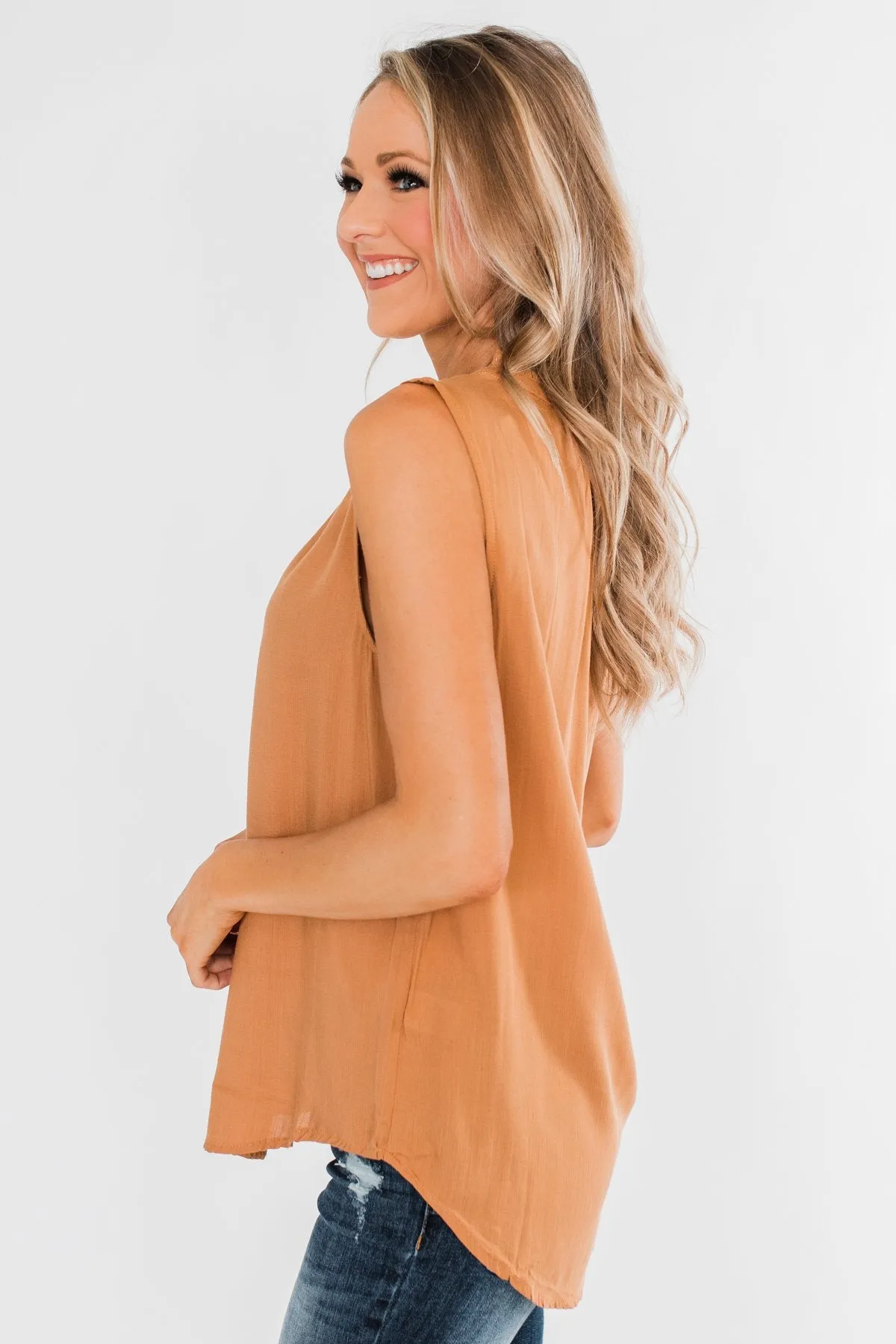 Larger Than Life Neck Tie Tank Top- Burnt Mustard