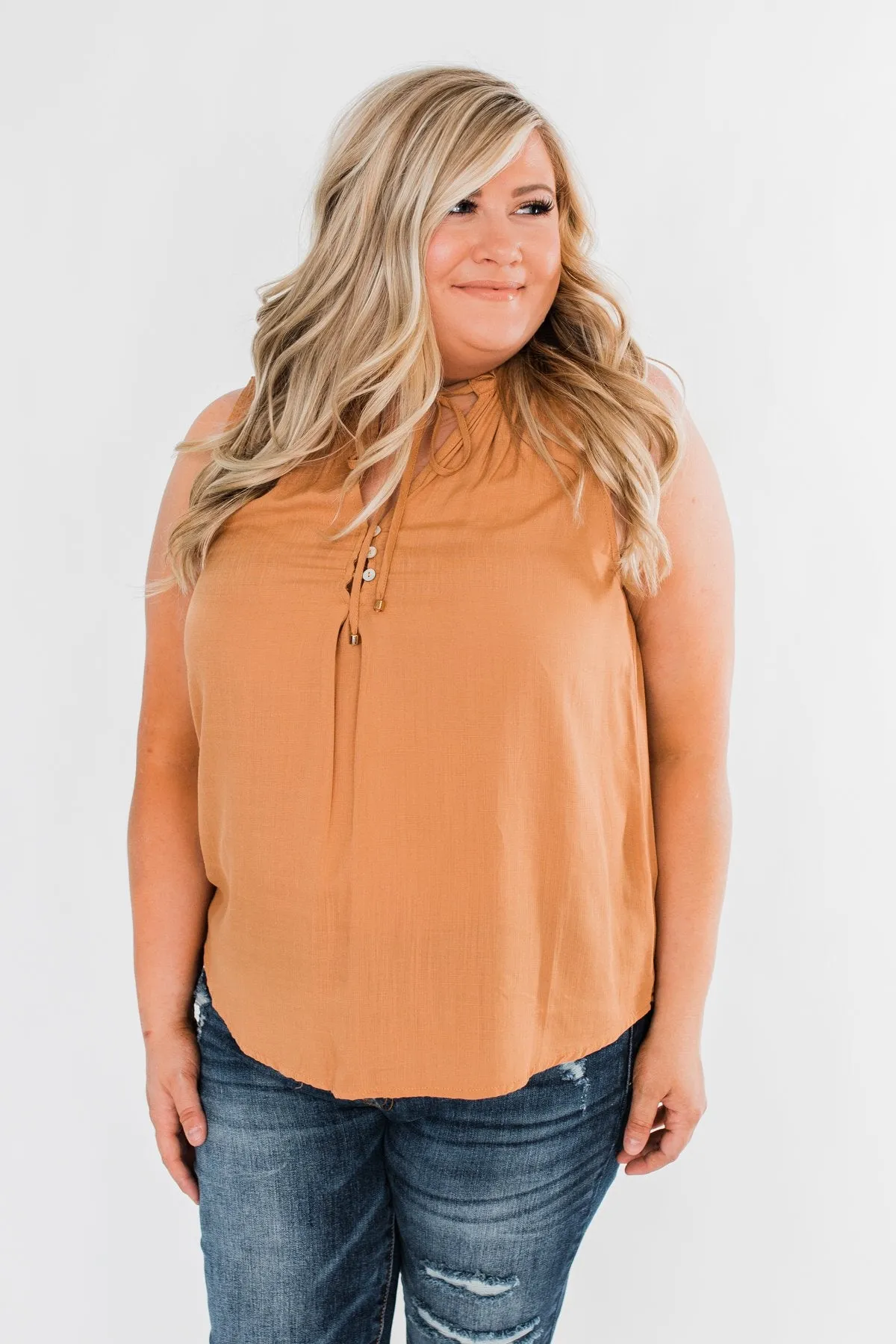 Larger Than Life Neck Tie Tank Top- Burnt Mustard