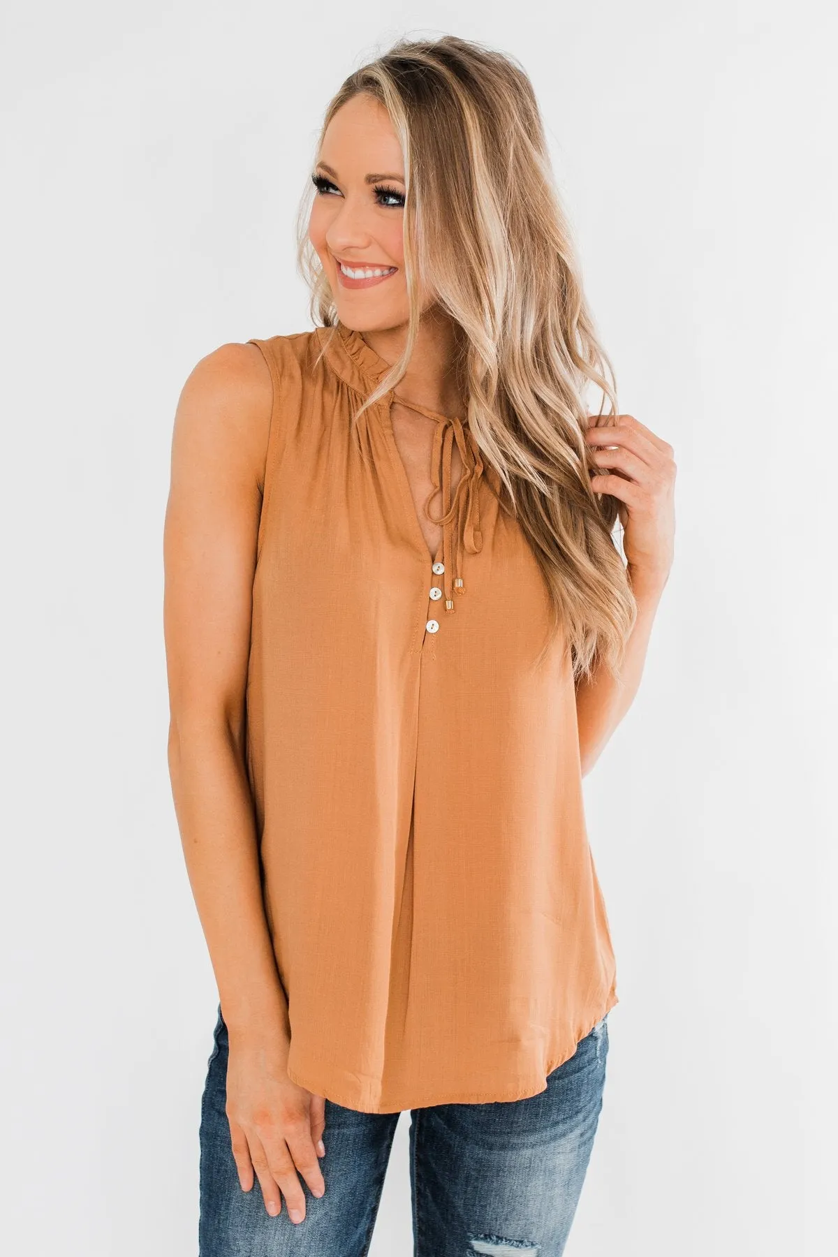 Larger Than Life Neck Tie Tank Top- Burnt Mustard