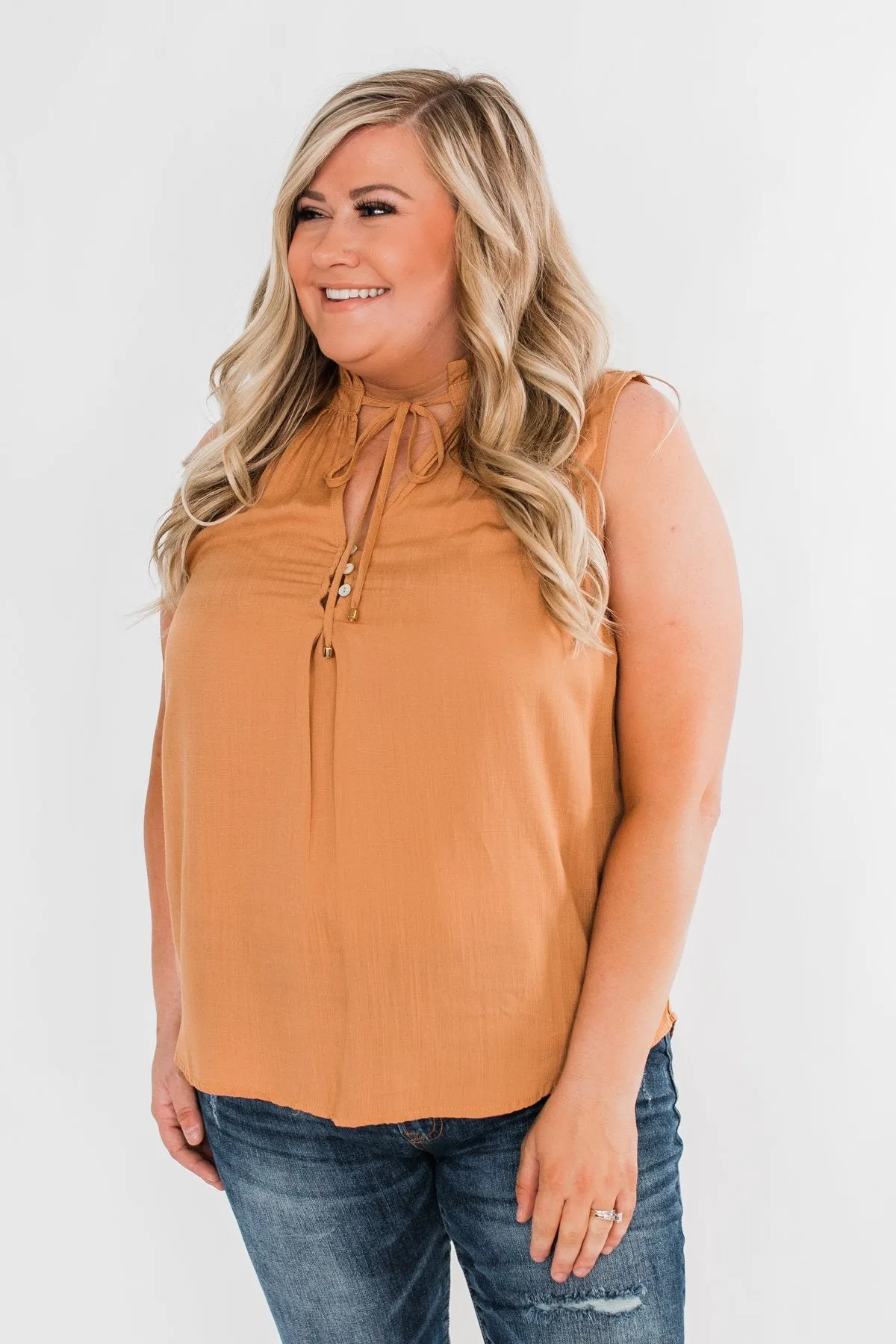 Larger Than Life Neck Tie Tank Top- Burnt Mustard