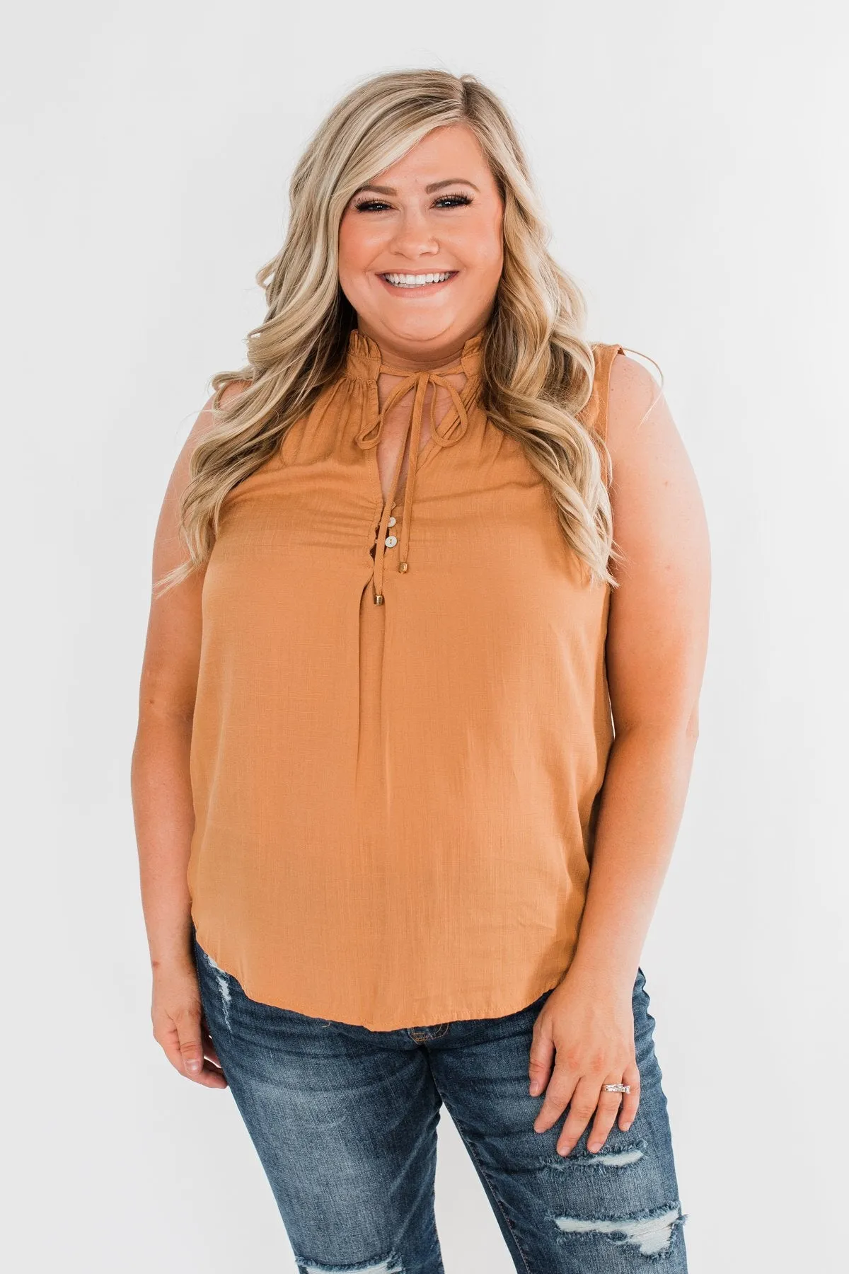 Larger Than Life Neck Tie Tank Top- Burnt Mustard
