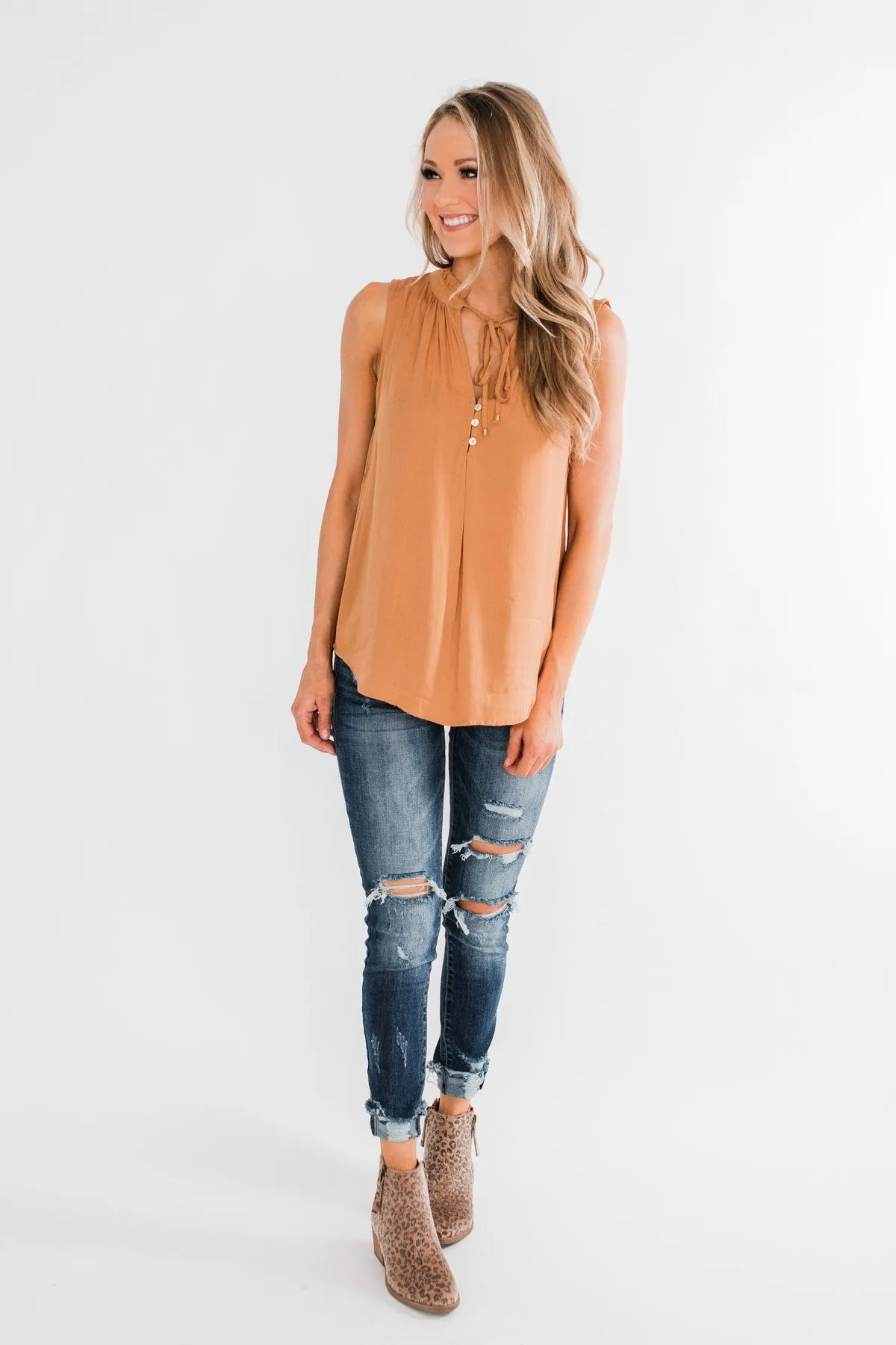 Larger Than Life Neck Tie Tank Top- Burnt Mustard