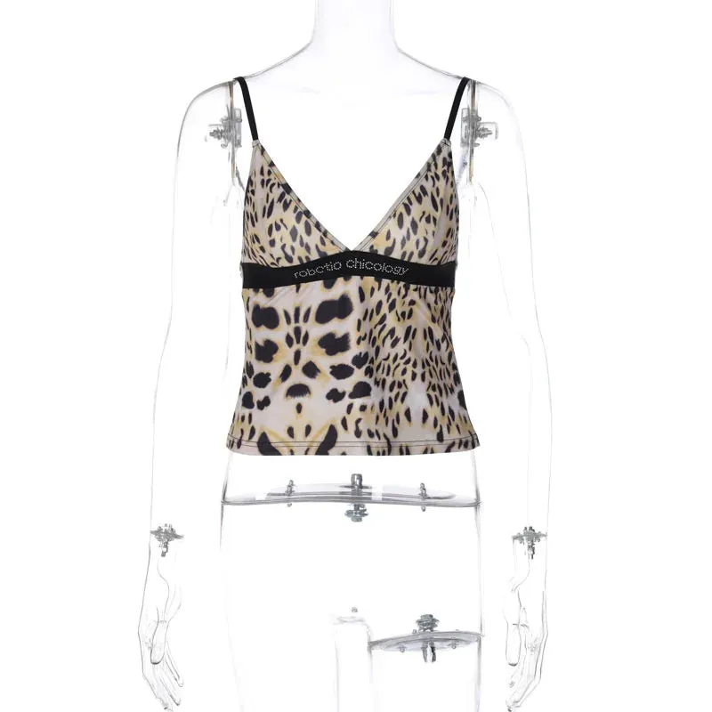 Leopard Print Slim Open Back Tank Top for Women V-Neck Stitch Slim Retro Camis Casual Y2K Streetwear
