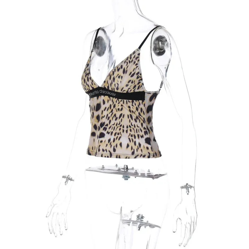 Leopard Print Slim Open Back Tank Top for Women V-Neck Stitch Slim Retro Camis Casual Y2K Streetwear