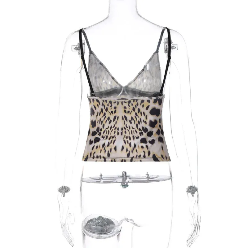 Leopard Print Slim Open Back Tank Top for Women V-Neck Stitch Slim Retro Camis Casual Y2K Streetwear